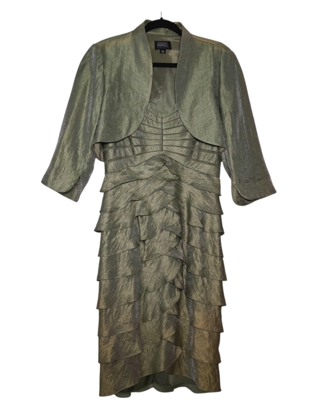 Adrianna Papell Dress and Bolero Set Green Shimmer Tiered V-Neck Formal